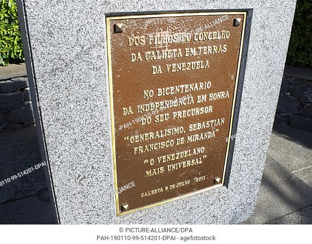 19 November 2018, Portugal, Madalena Do Mar / Madeira: The inscription on the monument to the Generalisimo Sebastain Francisco de Miranda at Madalena do Mar on...