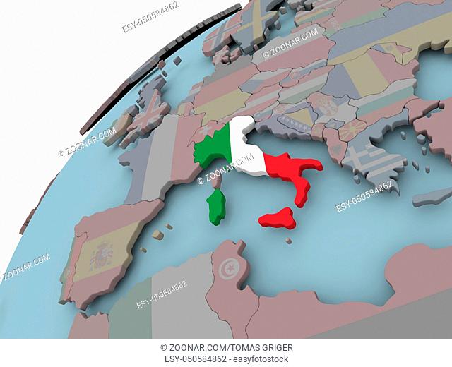 Italy on political globe with embedded flags. 3D illustration