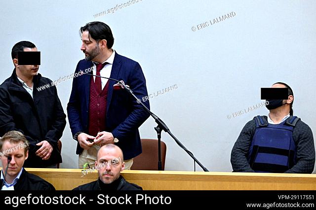 The accused Dragisa Hamidovic (L) , The translator (C) and accused Sandro Hamidovic (R) pictured during a preliminary hearing of ex-restaurant owner Martino...