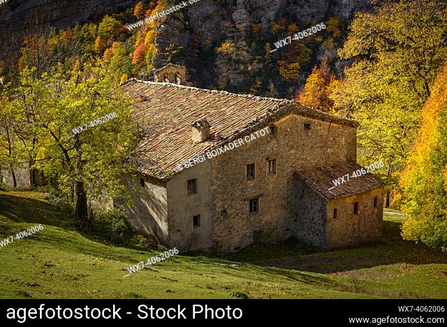 Gresolet sanctuary and beech foirest in autumn, under the Pedraforca massif (Cadí-Moixeró Natural Park, Catalonia, Spain, Pyrenees)