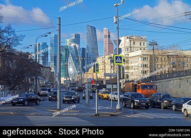 MOSCOW, RUSSIA - JANUARY 21, 2017: View from Borodinsky bridge along the Bolshaya Dorogomilovskaya street toward the skyscrapers of the international business...