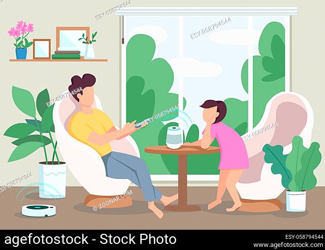 Automated domestic appliances flat color vector illustration. People using smart speaker and vacuum cleaner. Child and man with smartphone 2D cartoon characters...