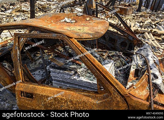 Houses, gardens and vehicles burned after the 2022 Pont de Vilomara fire (Bages, Barcelona, Catalonia, Spain)