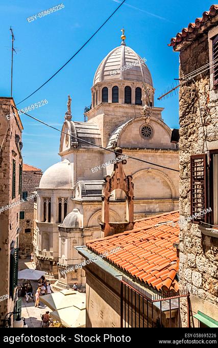 Croatia, city of Sibenik, panoramic view of the old town center and cathedral of St James, most important architectural monument of the Renaissance era in...