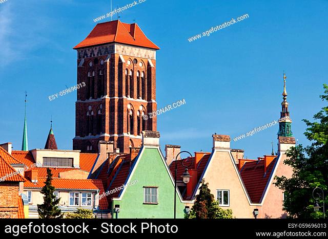 City of Gdansk in Poland, Old Town urban scenery, tower of the St. Mary's Church and houses with gables