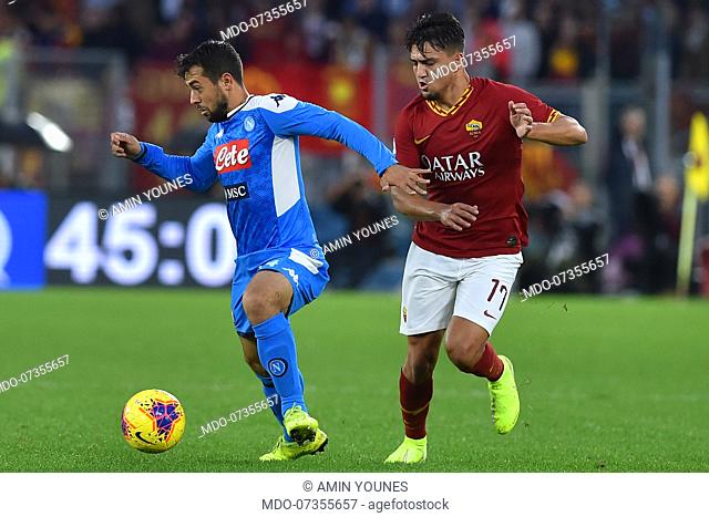 Roma football player Cengiz Under and Napoli football player Amin Younes during the match Roma-Napoli in the Olimpic stadium