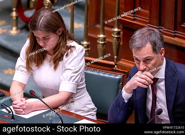 Vooruit's Vicky Reynaert and Prime Minister Alexander De Croo pictured during a plenary session of the Chamber at the Federal Parliament in Brussels on Thursday...