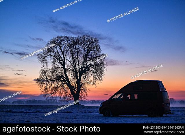 01 December 2023, Brandenburg, Lietzen: The evening sky lights up at sunset over a field with a single tree. A camper van (Volkswagen T6 camper) is parked in...