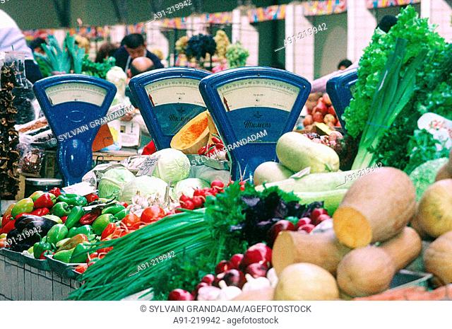 Vegetables stalls at Kolkhoz market ('farmer's market'). St. Petersburg. Russia