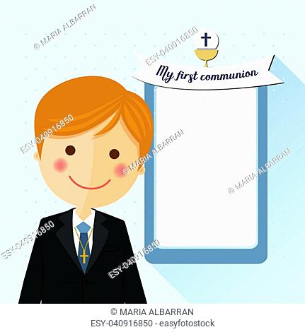 Foreground child costume in her first communion dress invitation with message on blue background