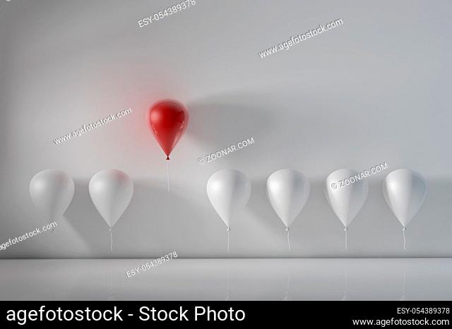 Stand out from the crowd and different concept , One red balloon flying away from other white balloons. 3D rendering