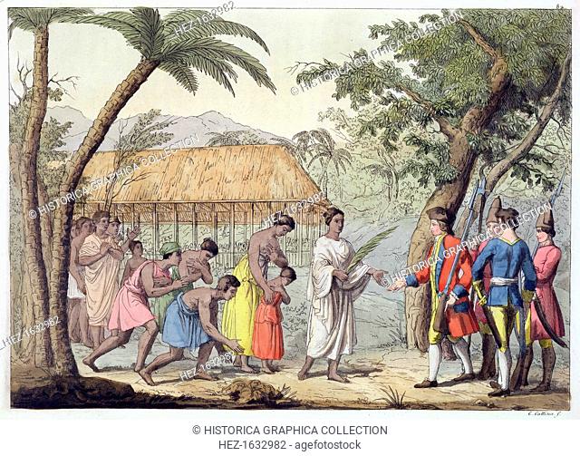 Captain Samuel Wallis being received by Queen Oberea on the Island of Tahiti, 1767 (19th century). Scene from Samuel Wallis's voyage of circumnavigation in HMS...