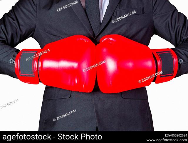 Businessman with boxing gloves on white background
