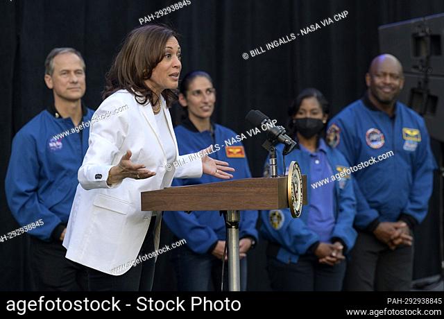 United States Vice President Kamala Harris gives remarks as NASA astronauts Tom Marshburn, Jasmin Moghbeli, Stephanie Wilson