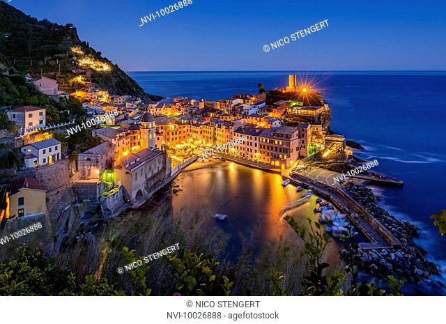 The port of Vernazza at dusk, Italian Riviera, Cinque Terre, Liguria, Italy
