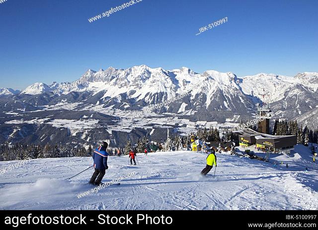 Ski area Planai with view to the mountain station and the Dachstein massif, Schladming, Styria, Austria, Europe