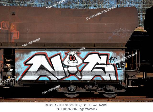 Graffiti on freight waggon on 28.03.2015 in Schwerte/Ruhr - Germany. | usage worldwide. - Schwerte/Ruhr/Nordrhein-Westfalen/Germany