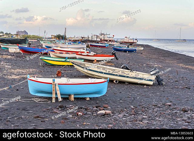 Fishing boats on Scari beach, Stromboli, Aeolian Islands, Sicily, Italy