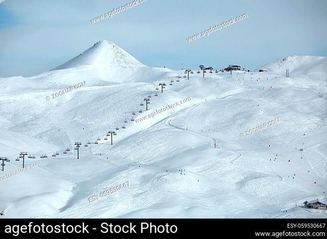 Skiing slope in the French Alpes, Paradiski, La Plagne
