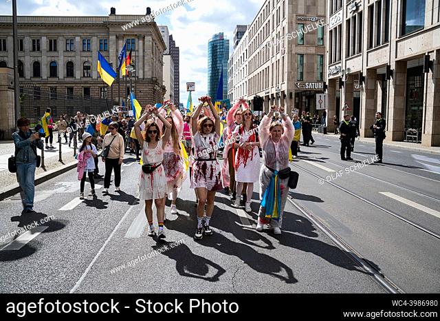 Berlin, Germany, Europe - Several hundred Ukrainian protesters, refugees, activists and supporters walk down Leipziger Strasse in Mitte district as they protest...