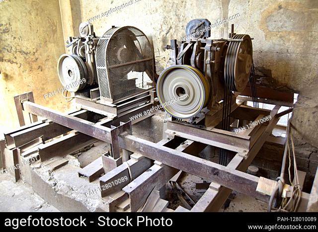 Running electric motor of an elevator and its support structure on steel beams in a high-rise building in the Cairo district of Mohandessin, taken on June 13