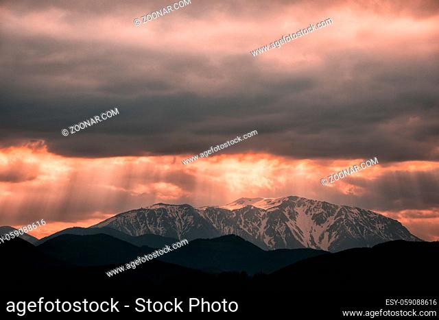 Austrian winter mountain schneeberg during the sunset in spring