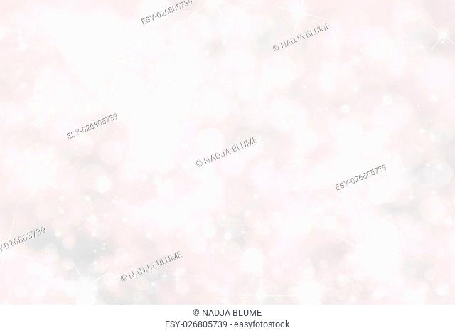 Christmas Texture With Sparkling Stars. White And Pink Colored Background. Magic Bokeh Effect With Lights. Copy Space For Advertisement