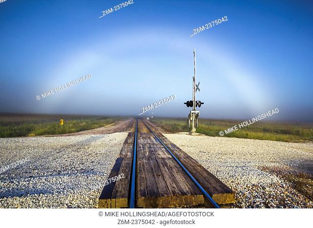 Fogbow forms in western Iowa over some train tracks