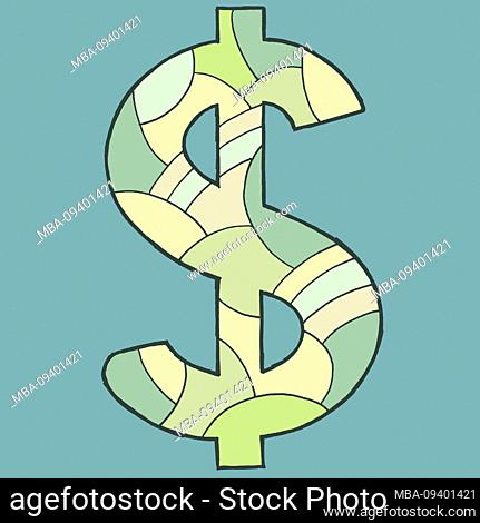 Dollar sign, drawn as a vector illustration, in greenish shades on a bluish-gray background in pop art style