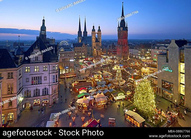 Christmas market with Marktkiche St. Marien and Roter Turm in Halle -Saale, Saxony-Anhalt, Germany