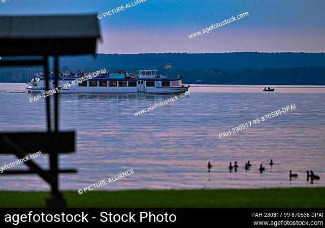 17 August 2023, Brandenburg, Diensdorf-Radlow: A passenger ship is underway on Lake Scharmützel in the evening. The body of water in the Storkower Land region