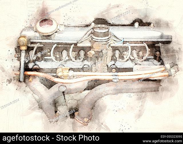 a watercolor painting of a large vintage six cylinder petrol engine from an old fashioned sports car
