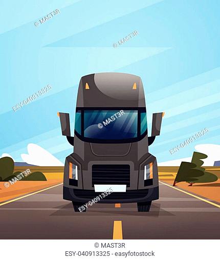 Front View Of Cargo Truck Trailer Driving On Coutryside Road Over Blue Sky Landscape Vector Illustration