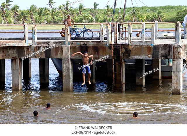 Young brazilian guys at the harbour of Canavieiras, Cacao Coast, State of Bahia, South America, America