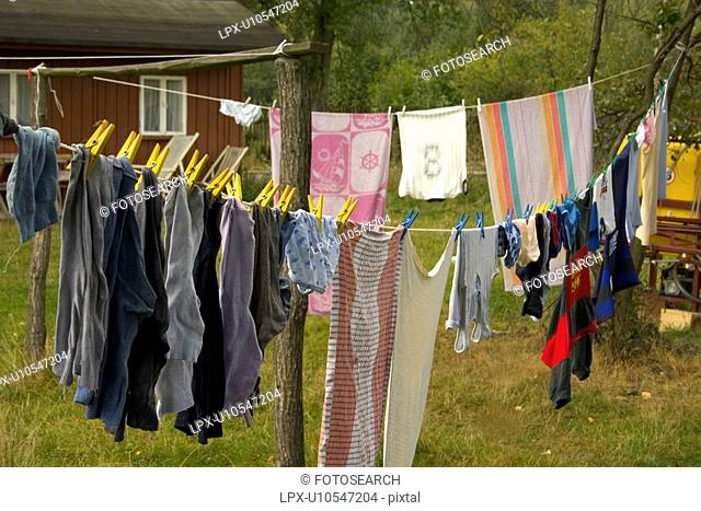 Clothes hanging in Polish farm yard