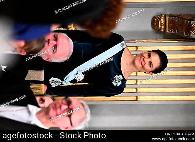 Crown Princess Victoria attends the Swedish Academy's annual festive gathering in the Great Stock Exchange Hall in the Börshuset in Stockholm, Sweden