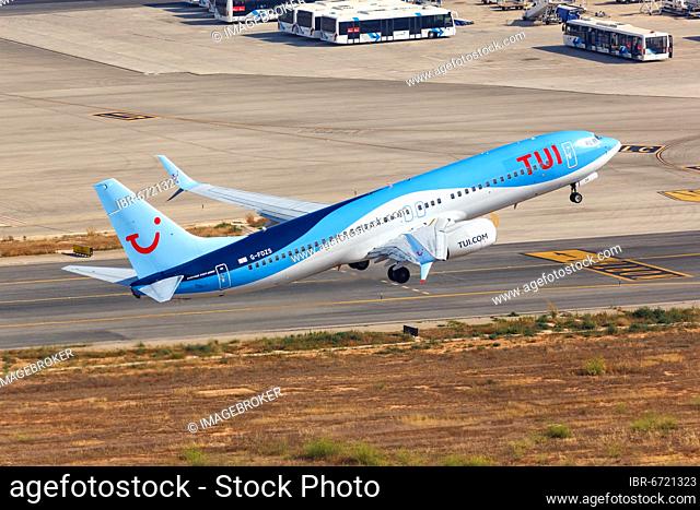 A TUI Boeing B737-800 with the registration G-FDZS takes off from Palma de Majorca Airport, Spain, Europe