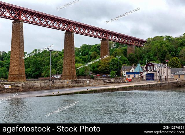 Famous Forth Bridge and life-boat station near Queensferry in Scotland