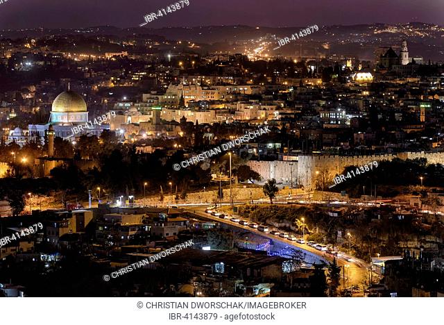Old City of Jerusalem at night, Dome of the Rock, Jewish Quarter, Western Wall, Wailing Wall, Tower of David, Jerusalem, Israel