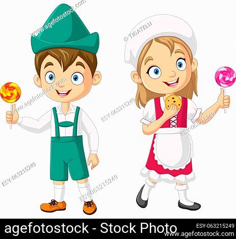 Illustration of Cartoon happy hansel and gretel holding lollipops