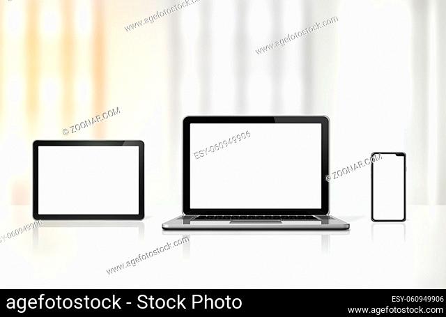 Laptop, mobile phone and digital tablet pc on office desk interior background. 3D Illustration