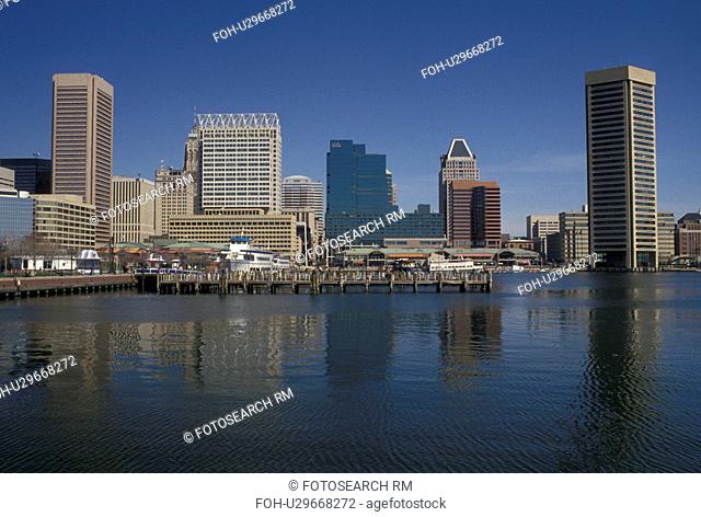 skyline, Baltimore, Maryland, MD, View of the downtown skyline of Baltimore and the Inner Harbor