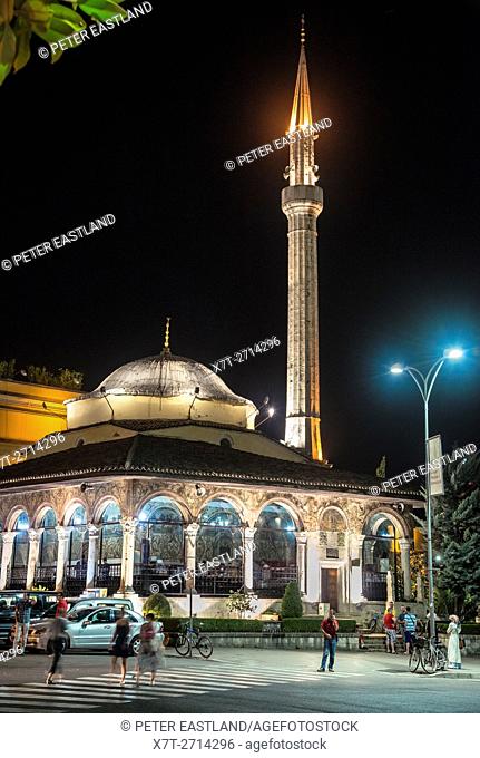 The Et'hem Bey Mosque at night on Skanderbeg Square, Tirana, Albania,