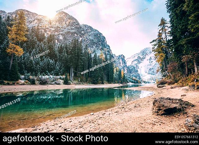 Great alpine lake Braies (Pragser Wildsee). Magic and gorgeous scene. Popular tourist attraction. Location place Dolomiti, national park Fanes-Sennes-Braies