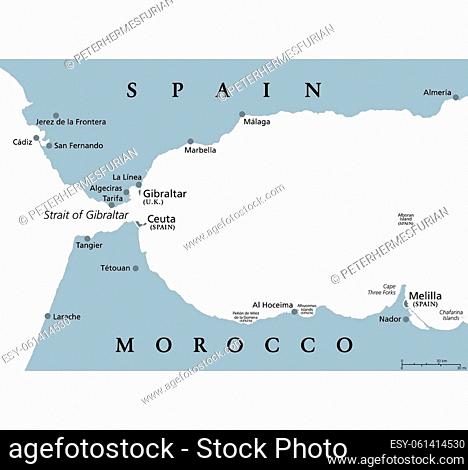 Strait of Gibraltar, gray political map. Also known as Straits of Gibraltar. A narrow strait, connecting Atlantic Ocean to Mediterranean Sea