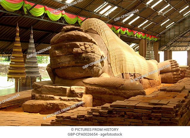 Thailand: 8th century sandstone reclining Buddha (Phra Non), Thailand's oldest reclining Buddha, Wat Dharmacakra Semaram, Ban Klong Khwang