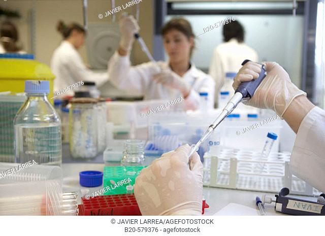 Researchers working in laboratory. Fundación Inbiomed, Genetrix Group. Center for research in stem cells and regenerative medicine