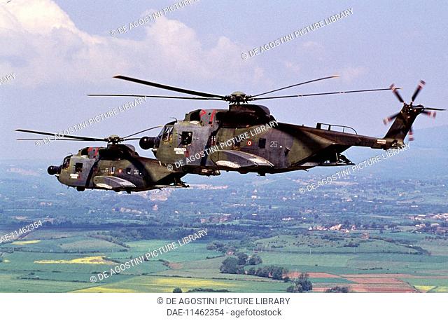 Agusta-Sikorsky HH-3F helicopters of the Italian Air Force in flight. Italy, late 20th century