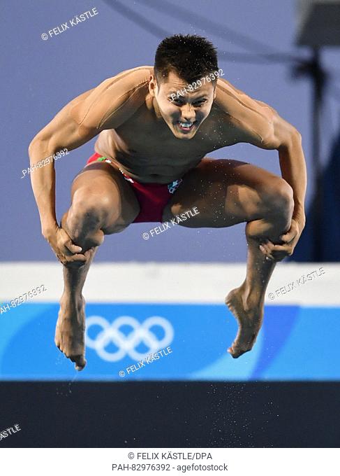 Silver medalist German Sanchez of Mexico in action during the Men's 10m Platform Final of the Diving event during the Rio 2016 Olympic Games at the Maria Lenk...