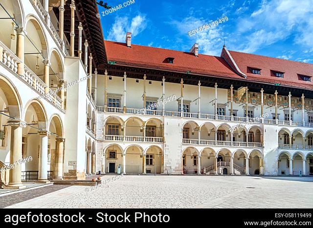 The tiered arcades of Sigismund I the Old in the Italian Renaissance courtyard within Wawel Castle, Krakow, Poland